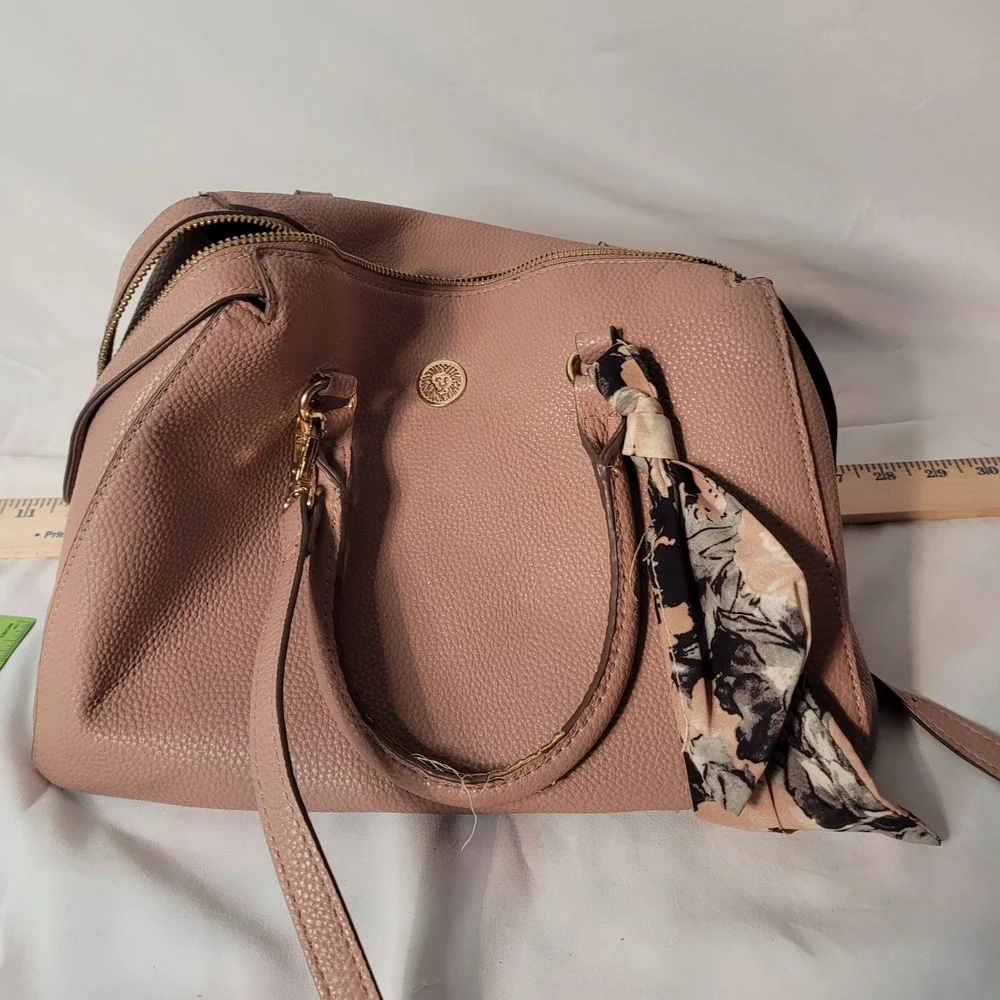 Anne Klein Rose Pink Pebbled‎ Satchel Crossbody Bag with Floral Scarf Accent